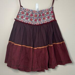 Anthropologie x Raga Floral Embroidered Waist Red A-Line Skirt Size Medium